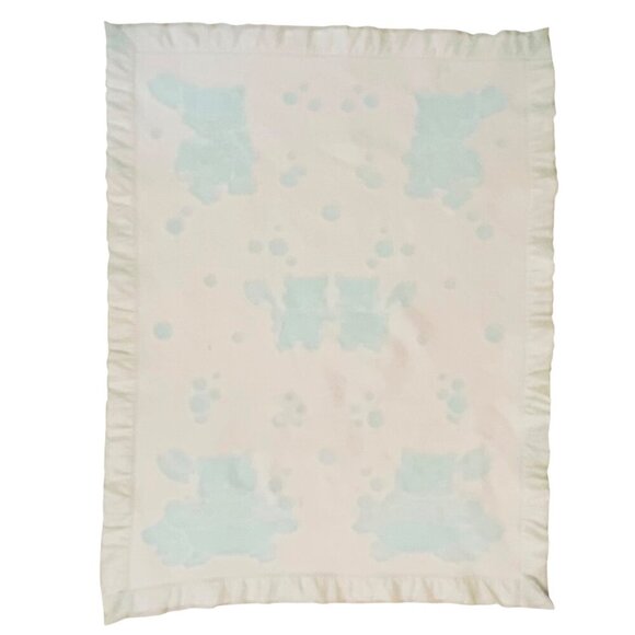 Vintage Baby Blanket With Satin Trim Kittens Bathing Design 34x44 Blue White - Picture 2 of 9